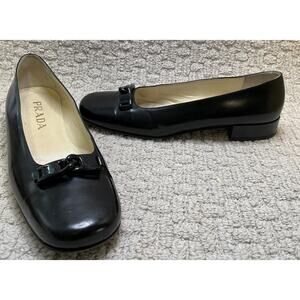 Prada Loafers Womens 39.5 9.5 Black Patent Leather Ballet Flats Logo Buckle